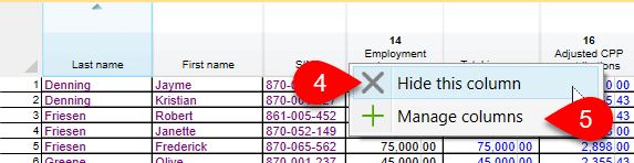 Screen capture of right-click on column heading