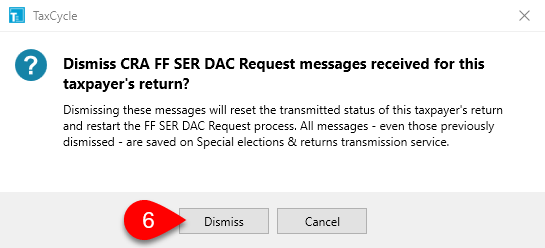 Screen Capture: Click Dismiss to dismiss DAC results and start again