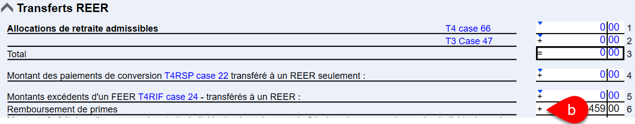 Capture d'écran : Ligne 6 sur le grille ***Cotisations au titre des REER