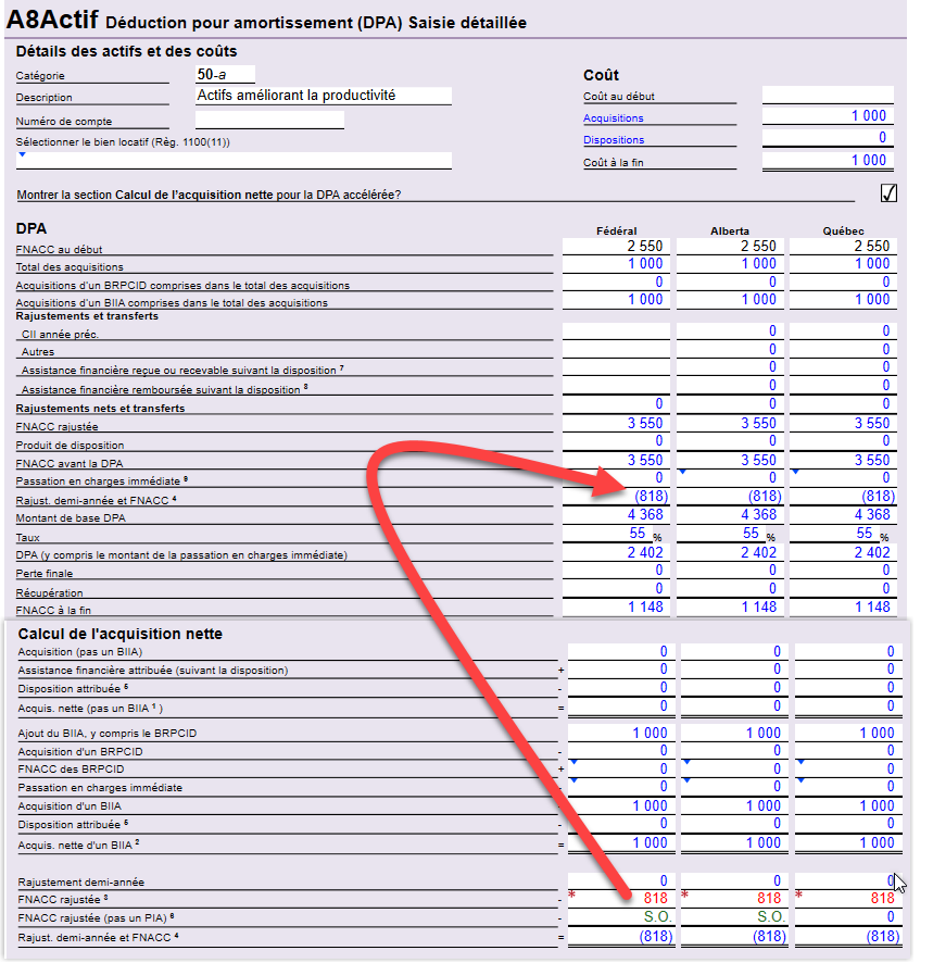 Capture d'écran : A8Actif dans TaxCycle T2