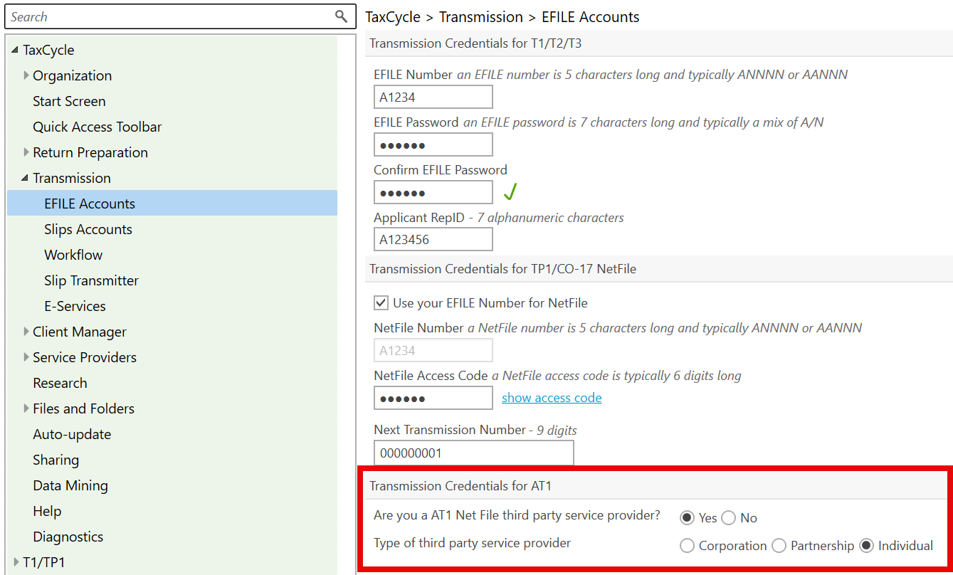 Screen Capture: AT1 transmission options