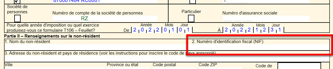 Capture d'écran : Numéro d'identification du contribuable (NIC)