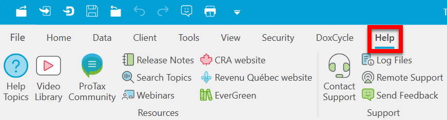 Screen Capture: New Help menu in TaxCycle ribbon