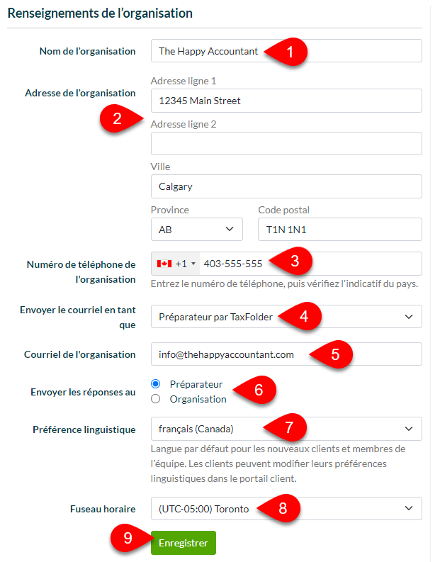 Capture d’écran : Paramètres de l'organisation dans TaxFolder