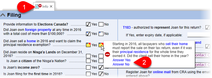 Sale of principal residence question on the Info worksheet