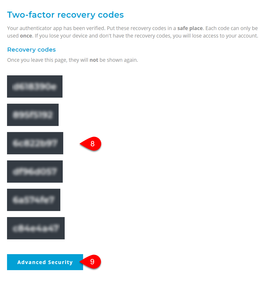 Screen Capture: Recovery Codes
