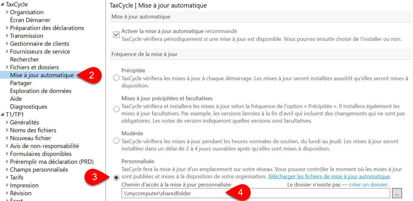 Capture d'écran : Options de mise à jour automatique
