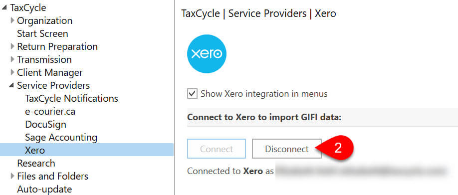 Screen capture: Disconnect from Xero button