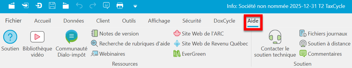 Screen Capture: New Help menu in TaxCycle ribbon
