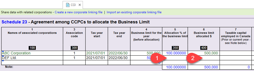 Screen Capture: Small Business Deduction Limit