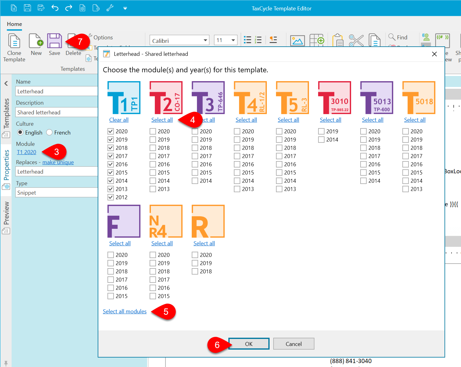 Screen Capture: Choose the module(s) and year(s) for this template