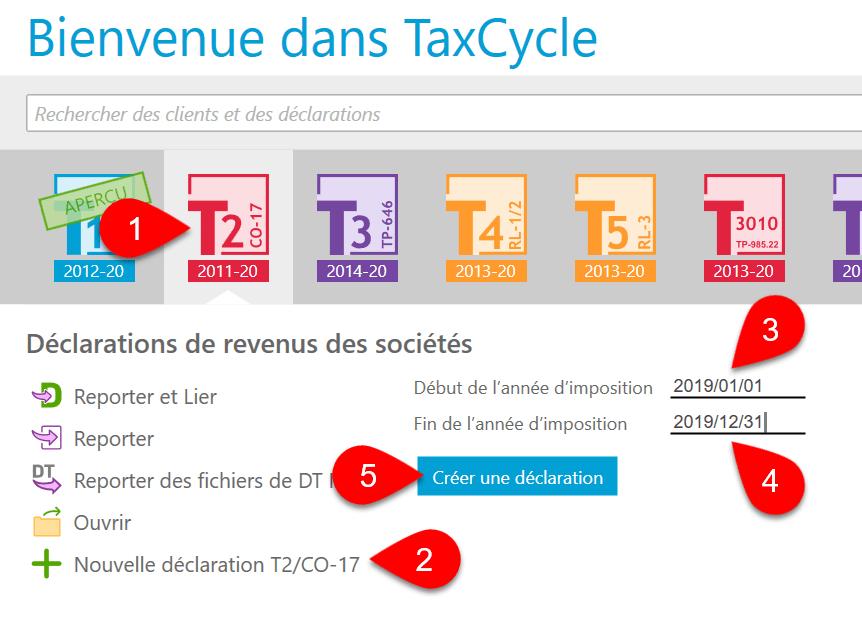 Capture d’écran : Écran Démarrer TaxCycle