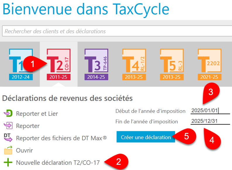 Capture d’écran : Écran Démarrer TaxCycle