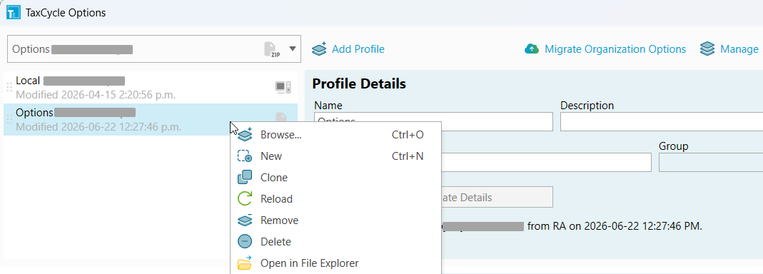 Screen Capture: Options profiles in TaxCycle