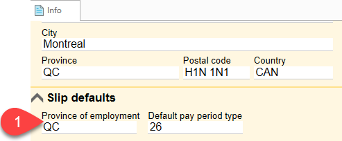 Screen Capture: Enter QC as Province of employment on the Info worksheet