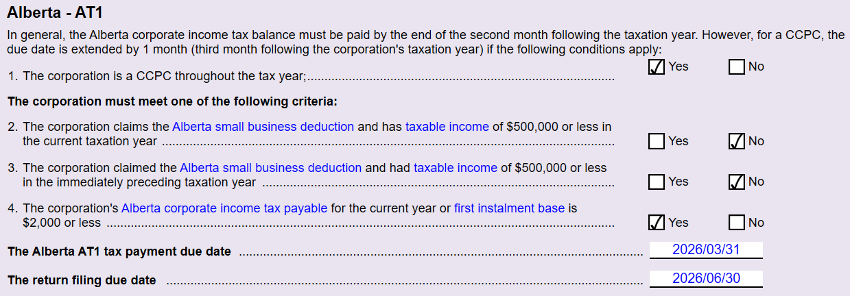 Screen Capture: AT1 section on the Payment Tax Due Date WS