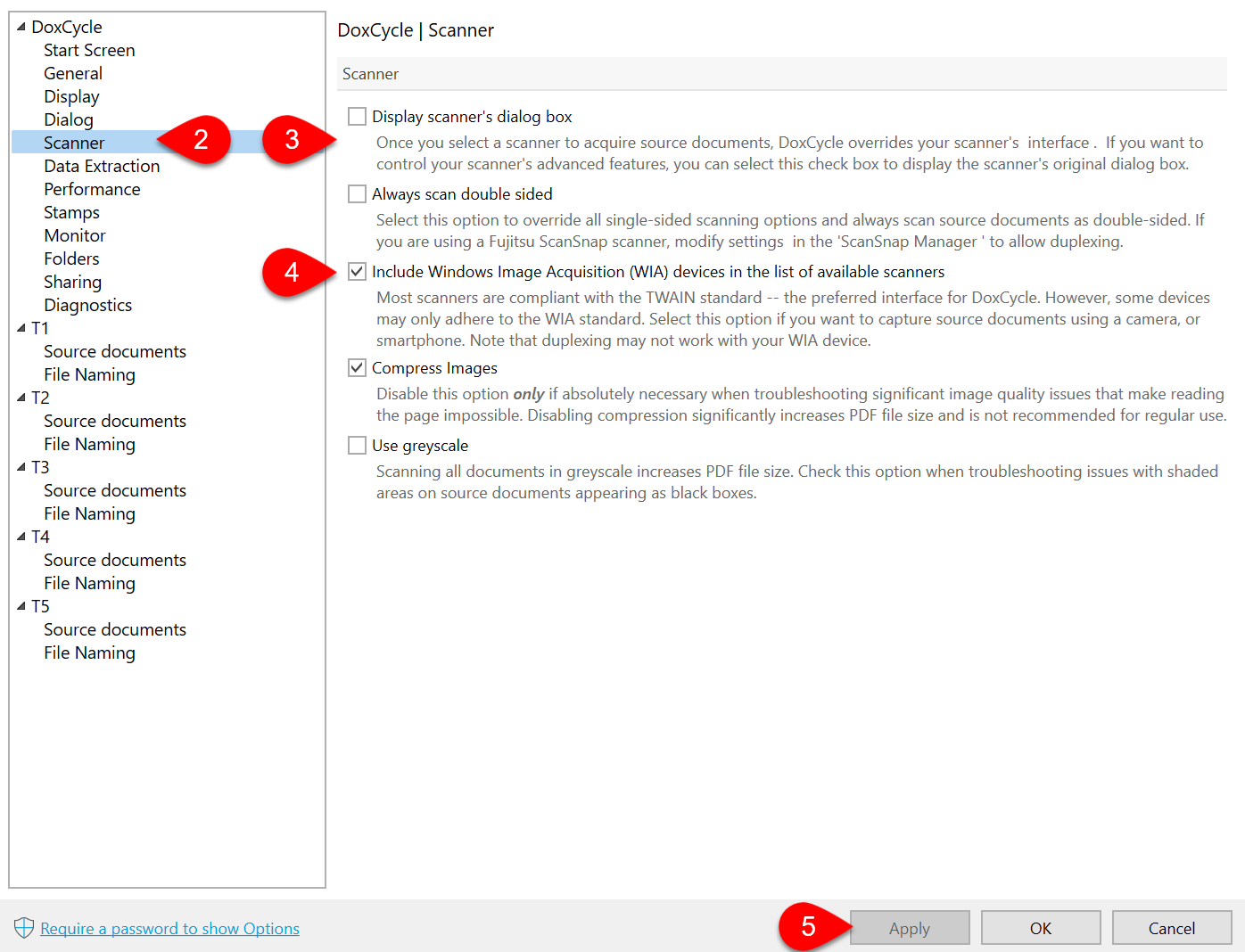 Screen Capture: DoxCycle Scanner Options