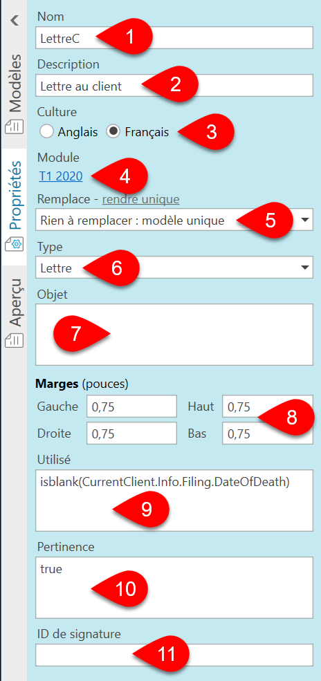 Capture d’écran : Propriétés de modèles