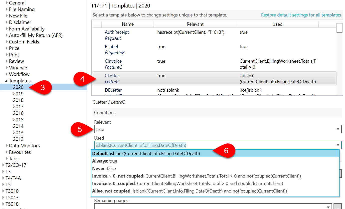 Screen Capture: Template Conditions Options