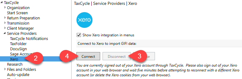 Screen Capture: Connect to Xero from TaxCycle Options