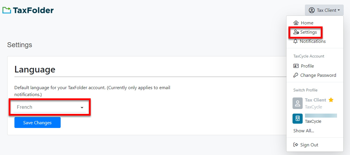 Screen Capture: Set the default language in Client Portal settings