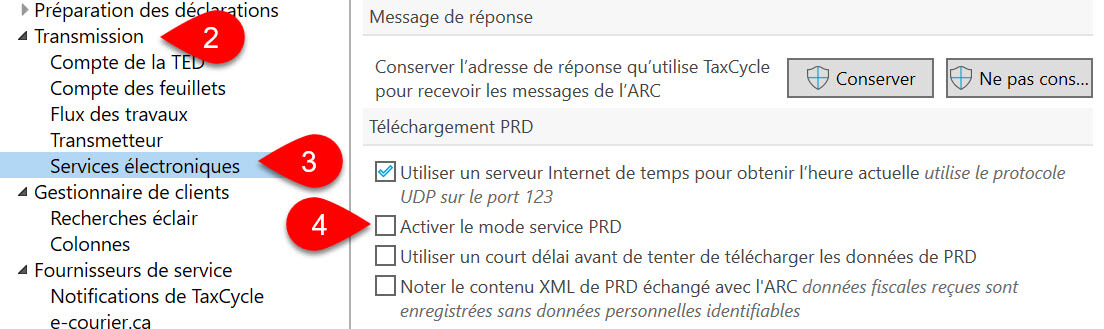 Capture d'écran : Activer le mode de service PRD