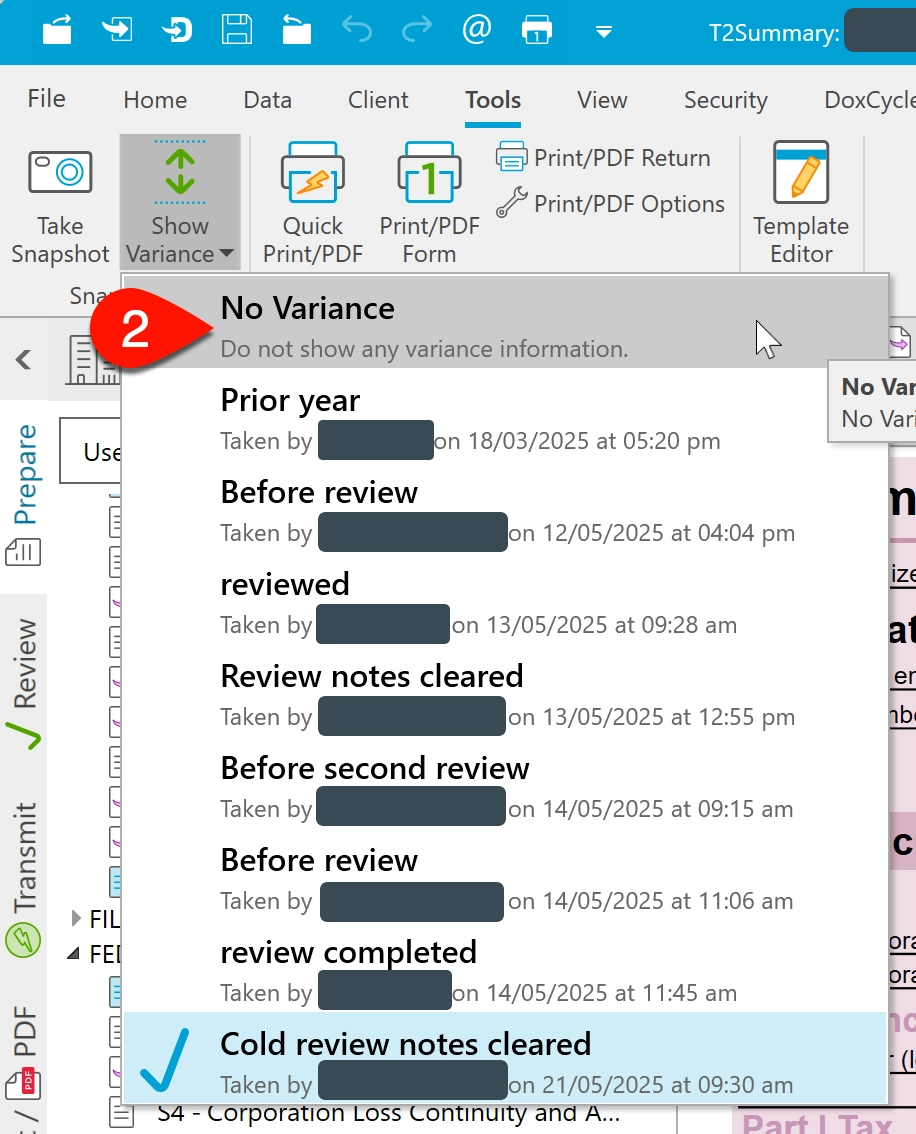 Screen Capture: Select No Variance