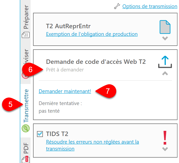 Capture d'écran : Demande de code d'accès Web T2