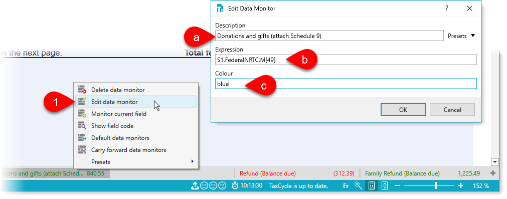 Right-click to edit a data monitor