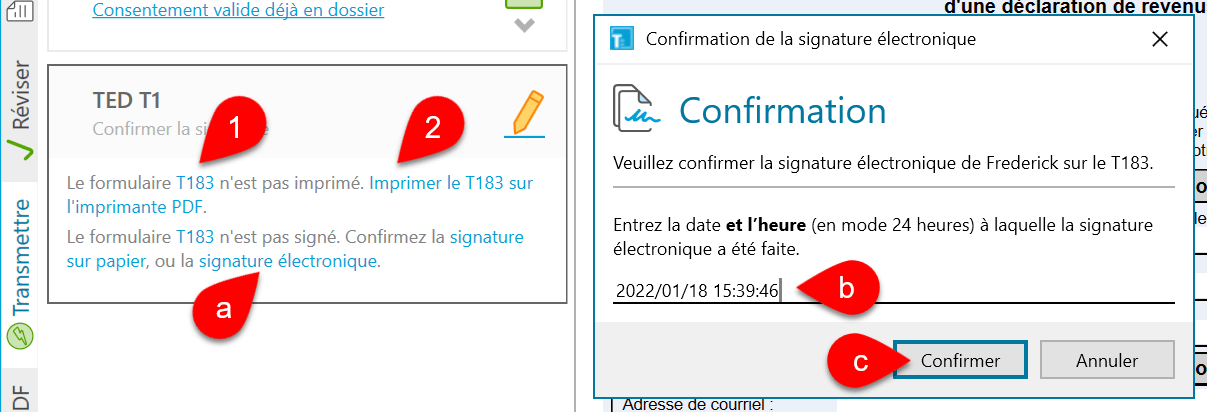 Capture d’écran : Confirmer la signature sur le T183
