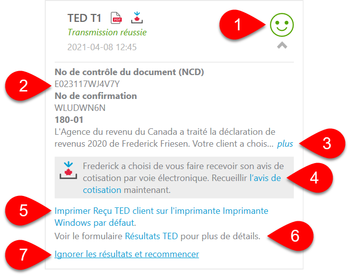Capture d’écran : Transmission réussie d’une T1 par la TED