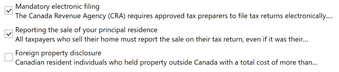 Screen capture: Output for check boxes