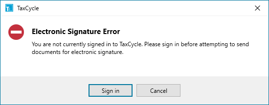 Screen Capture: TaxCycle Electronic Signature Error message
