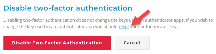Screen Capture: Click the link to reset your authenticator keys